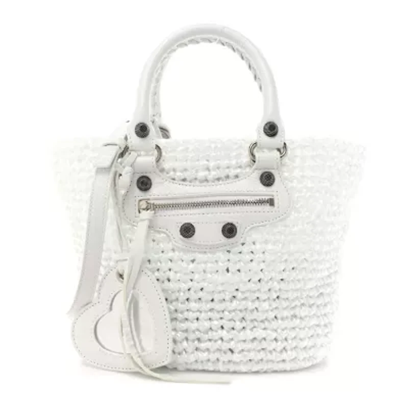 Balenciaga Nylon Raffia Le Cagole Small Panier Tote Optic White -FINAL SALE NO RETURNS