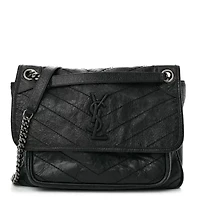 Saint Laurent Crinkled Calfskin Matelasse Monogram Medium Niki Chain Satchel Asphalt -FINAL SALE NO RETURNS
