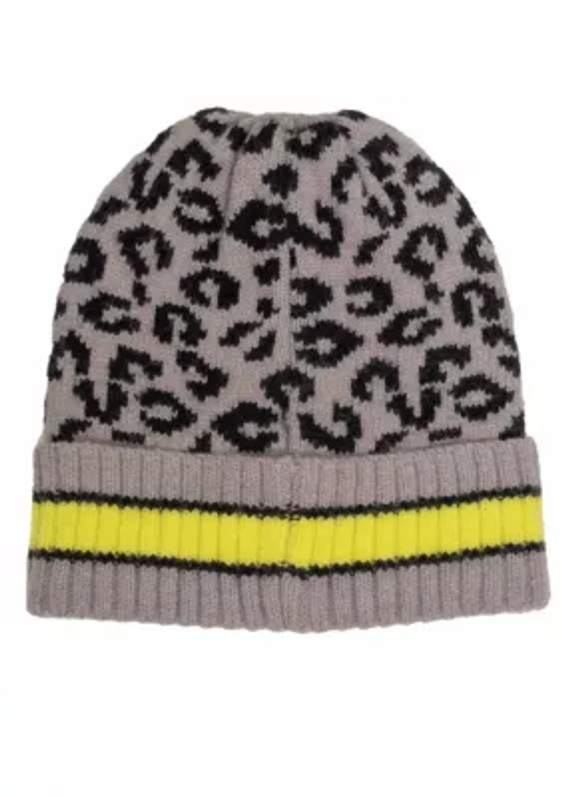 LEOPARD BEANIE WITH STRIPE CUFF
