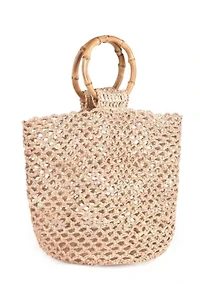 Natural Crochet Bucket Bag with Bamboo Handle