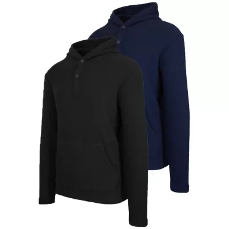 Blue Ice Men's Loose Fit Waffle Knit Thermal Henley Pullover Hoodie -2 Pack