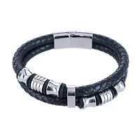 Loose Fit Silver and Leather 2 Band Secure Clasp Leather Bracelet