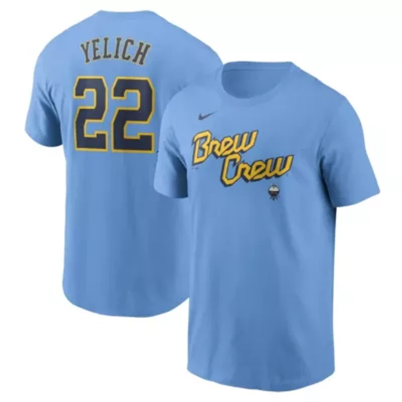 MLB Nike Christian Yelich Powder Milwaukee Brewers City Connect Fuse Name & Number T-Shirt