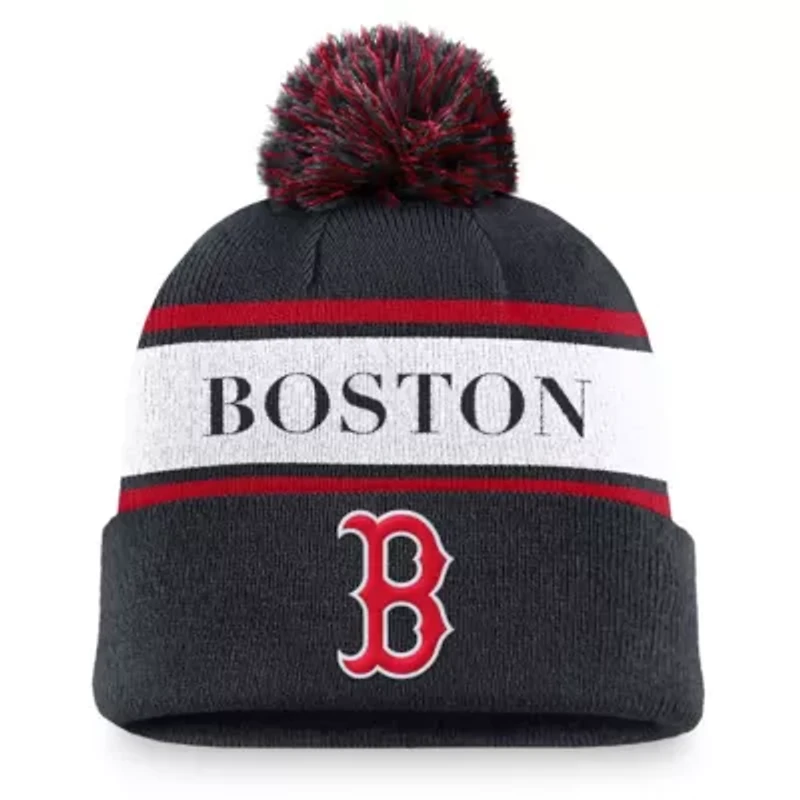 Boston Red Sox MLB Nike Boston Sox Team Stripe Peak Cuffed Knit Hat with Pom
