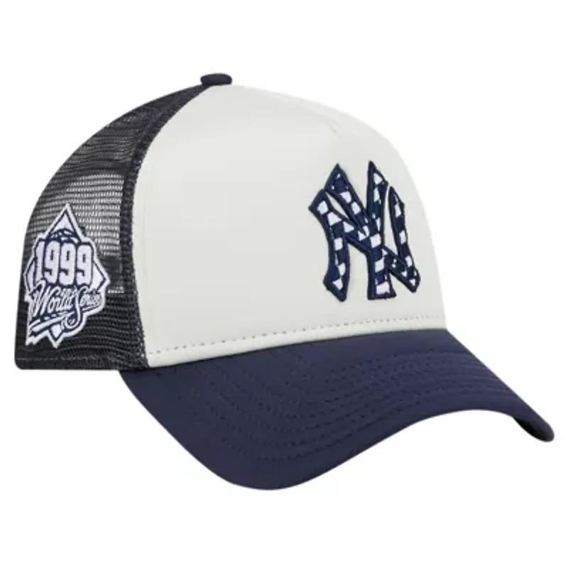 MLB White/Navy New York Yankees Checkered Flag A-Frame Trucker 9FORTY Adjustable Hat