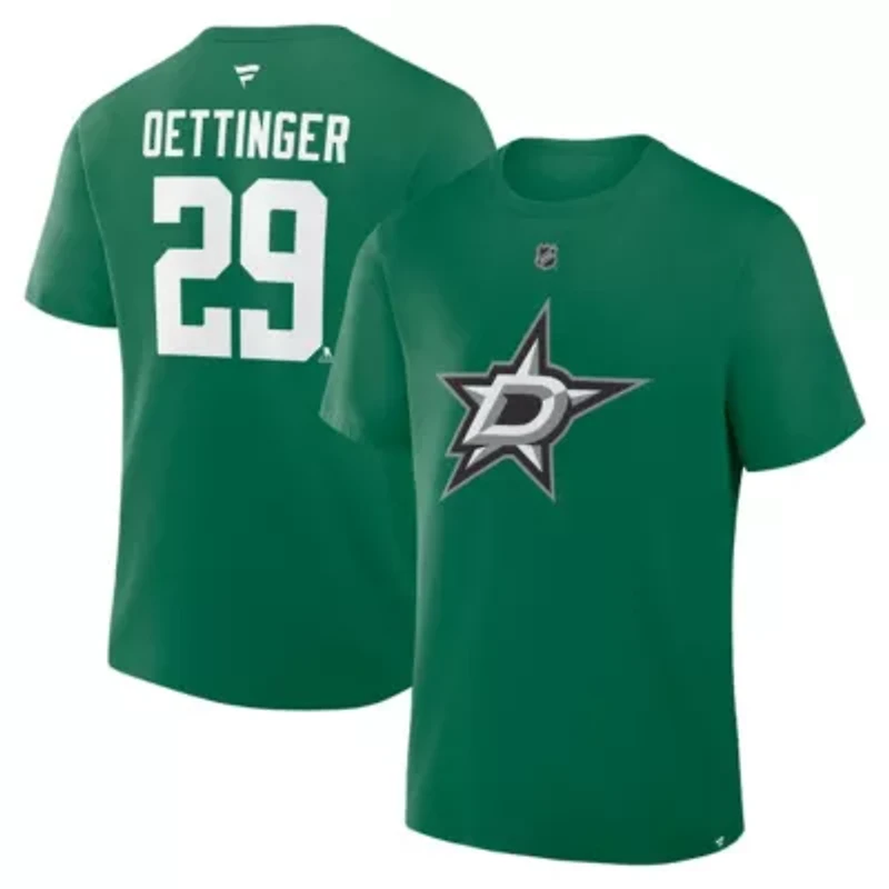 NHL Fanatics Jake Oettinger Kelly Dallas Stars Authentic Stack Name & Number T-Shirt