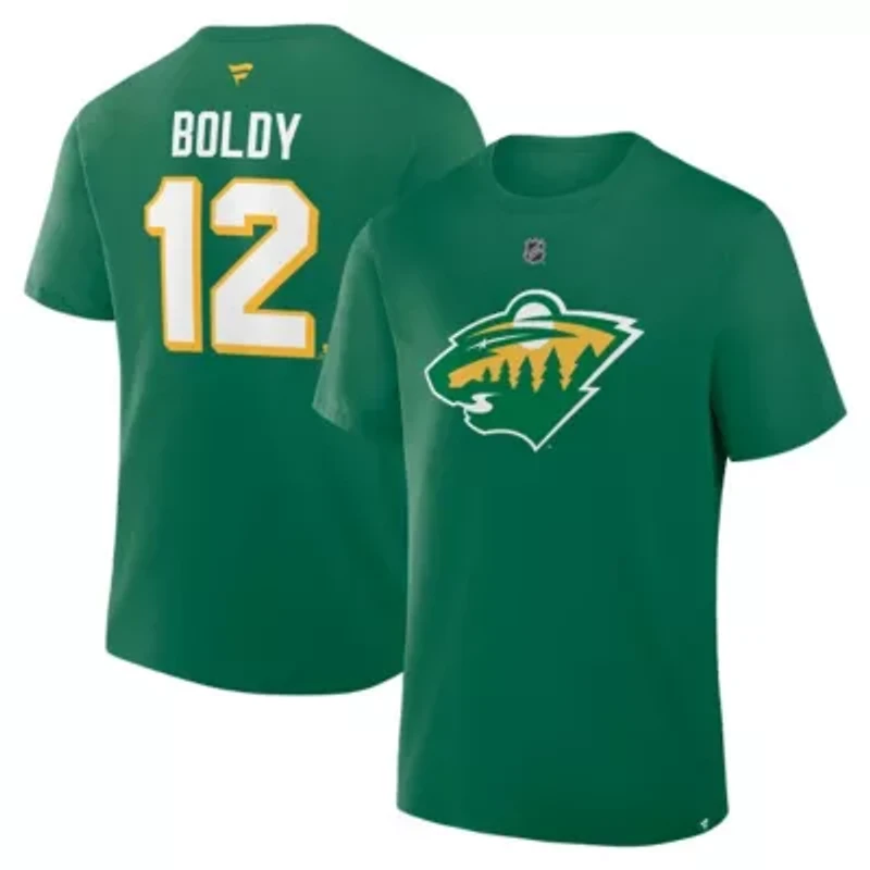NHL Fanatics Matthew Boldy Kelly Minnesota Wild Authentic Stack Name & Number T-Shirt