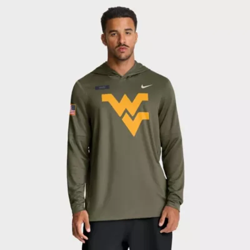 NCAA Nike West Virginia Mountaineers 2025 Military Appreciation Dri-FIT Long Sleeve Hoodie T-Shirt