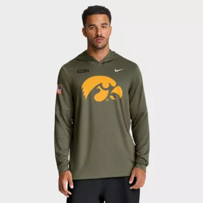 NCAA Nike Iowa Hawkeyes 2025 Military Appreciation Dri-FIT Long Sleeve Hoodie T-Shirt