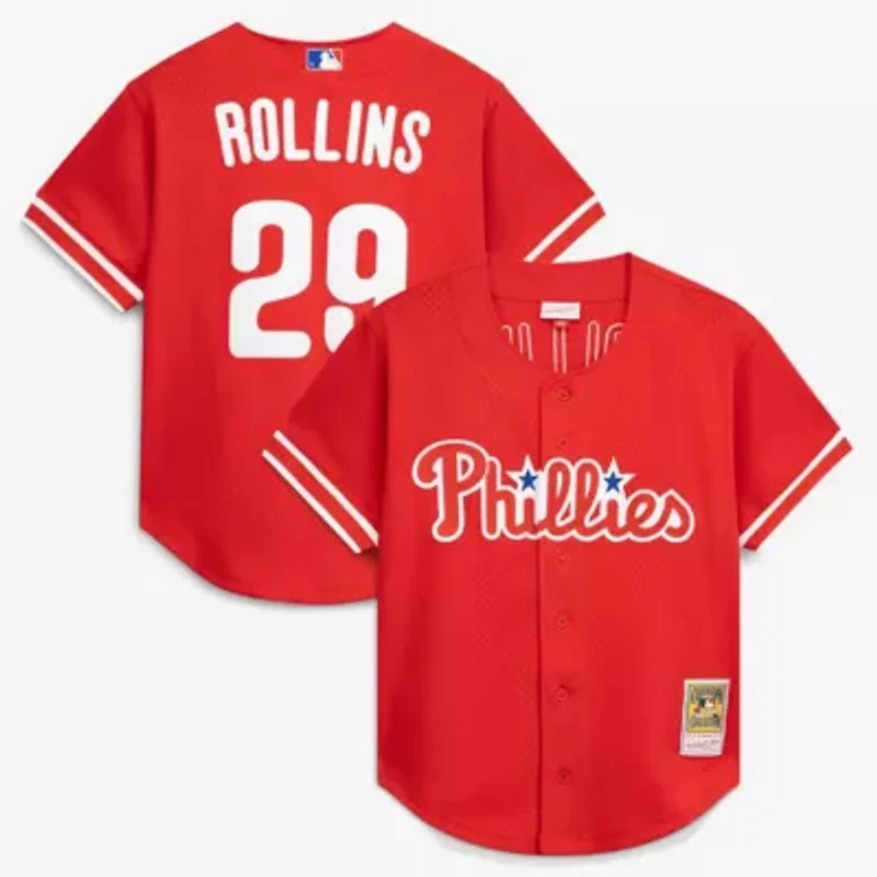 MLB Jimmy Rollins Philadelphia Phillies Cooperstown Mesh Batting Practice Button-Up Jersey