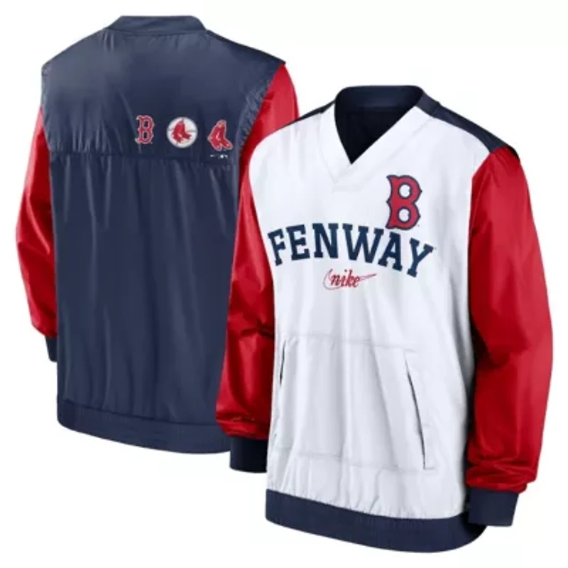 Boston Red Sox MLB Nike White/Navy Rewind Warmup V-Neck Pullover Jacket