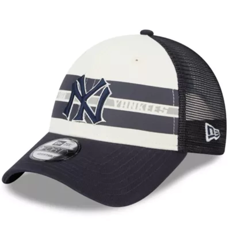 MLB White/Navy New York Yankees Team Stripe Trucker 9FORTY Snapback Hat