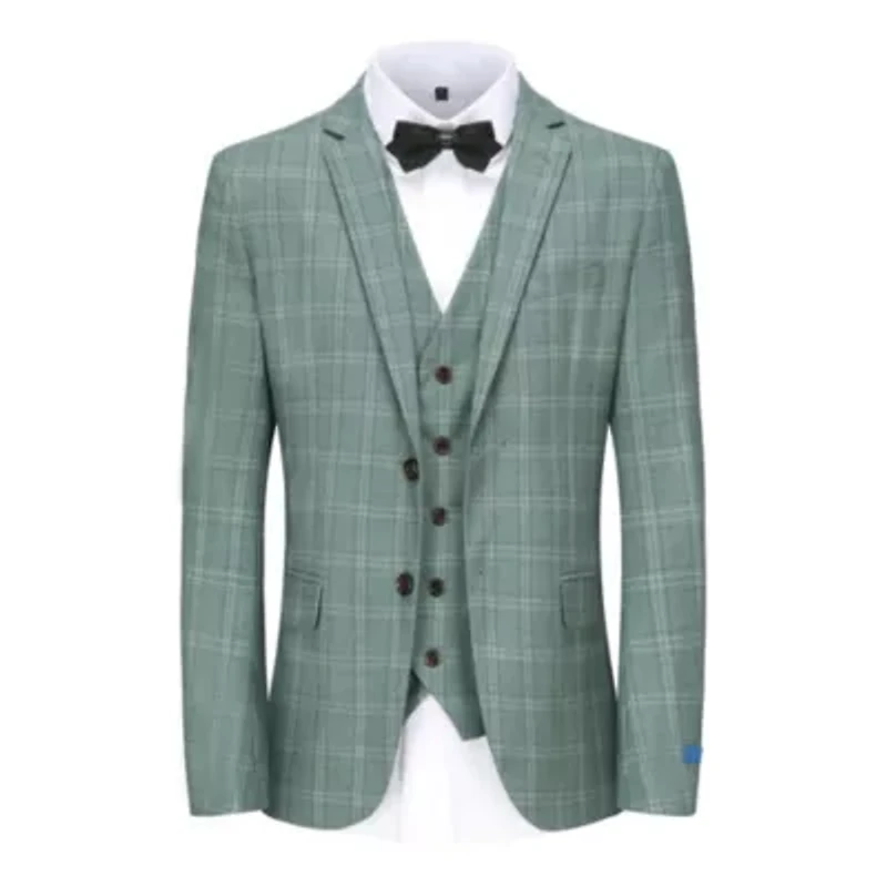 Men's 3 Piece Slim Fit Green Plaid Suit