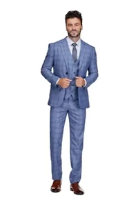 Men's 3-Piece Slim Fit Blue Plaid Suit