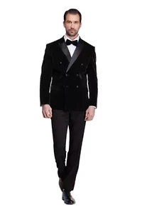 Men's 2-Piece Velvet Birdseye Lapel Double-Breasted Slim-Fit Tuxedo With Performance Stretch Pants