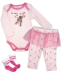 Baby Girls 3 Piece Ballet Bodysuit, Pants and Socks Set