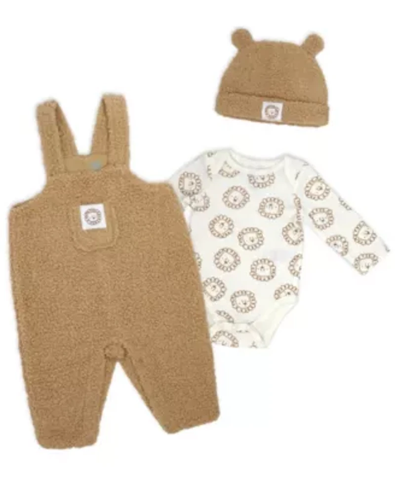 Baby Boys 3 Piece Tan Sherpa Overall Set