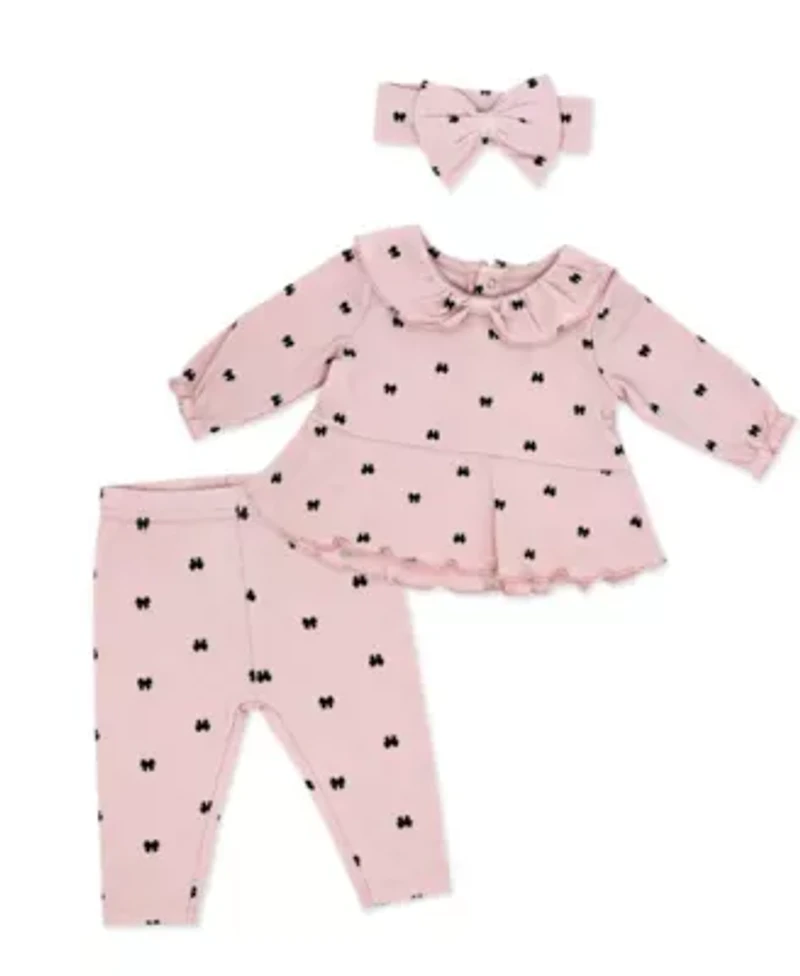 Baby Girls Tiny Bows 3 Piece Top, Leggings, and Headband Set
