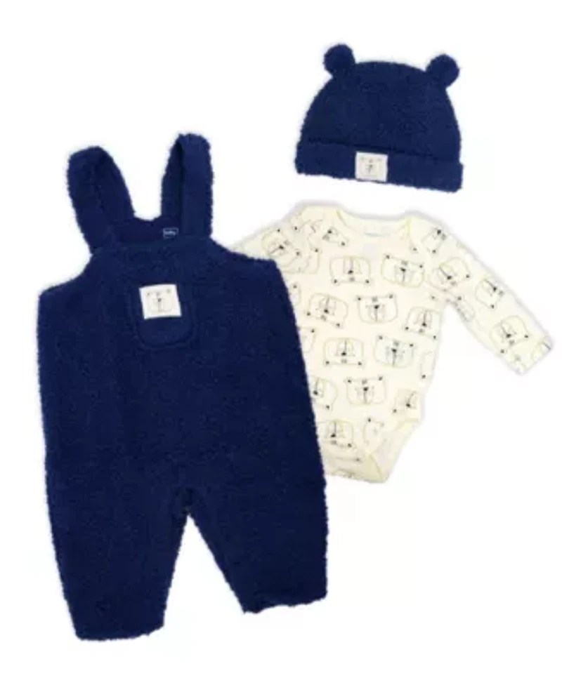 Baby Boys 3 Piece Navy Sherpa Overall Set