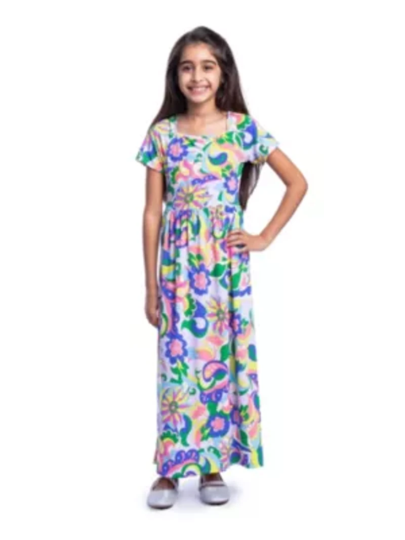 24seven Comfort Apparel Girls Floral Print Short Sleeve Pleated Maxi Dress