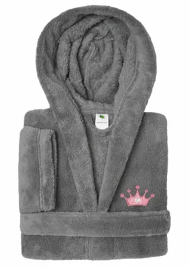 Girls 5-12 Hooded Bathrobe Embroidered with Pink Crown Design