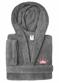 Girls 5-12 Hooded Bathrobe Embroidered with Pink Crown Design