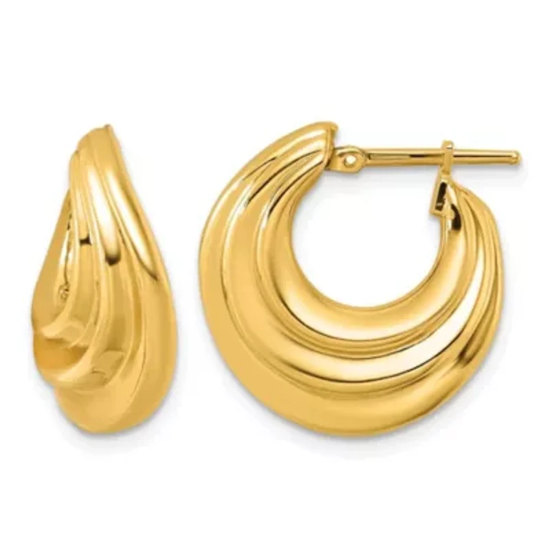 14K Yellow Gold Polished Tri-Layer Waved Hoop Earrings