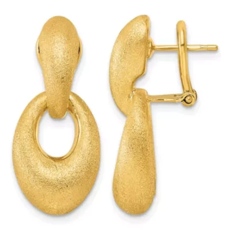 14K Yellow Gold Polished and Satin Puffed Oval Drop Omega Back Dangle Earrings