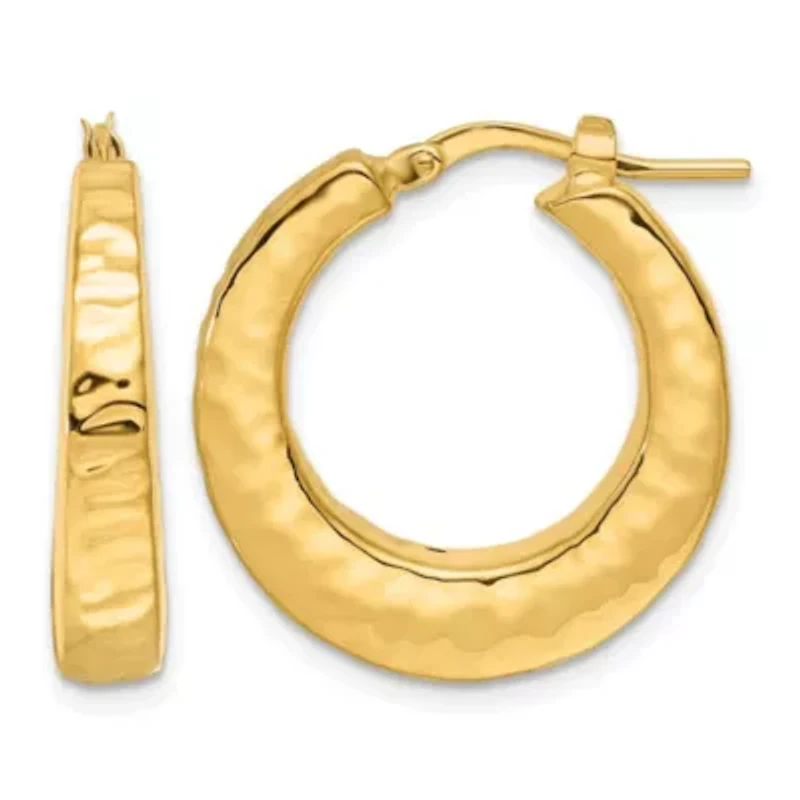 14K Yellow Gold Polished Hammered Round Hoop Earrings
