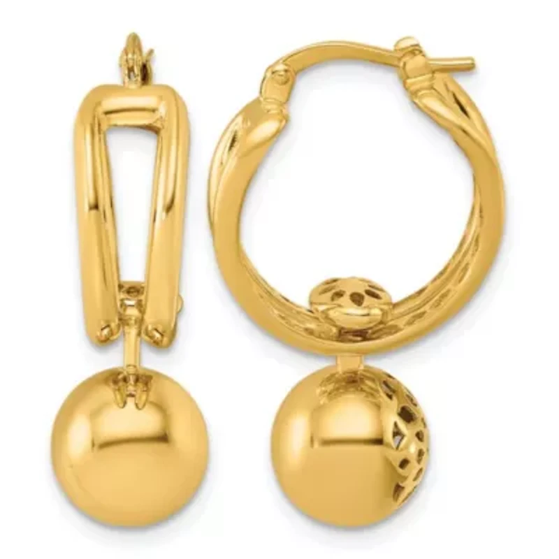 14K Yellow Gold Polished Patterned Cutout Movable Ball Dangle Hoop Earrings
