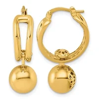 14K Yellow Gold Polished Patterned Cutout Movable Ball Dangle Hoop Earrings