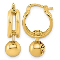 14K Yellow Gold Polished Patterned Cutout Movable Ball Dangle Hoop Earrings