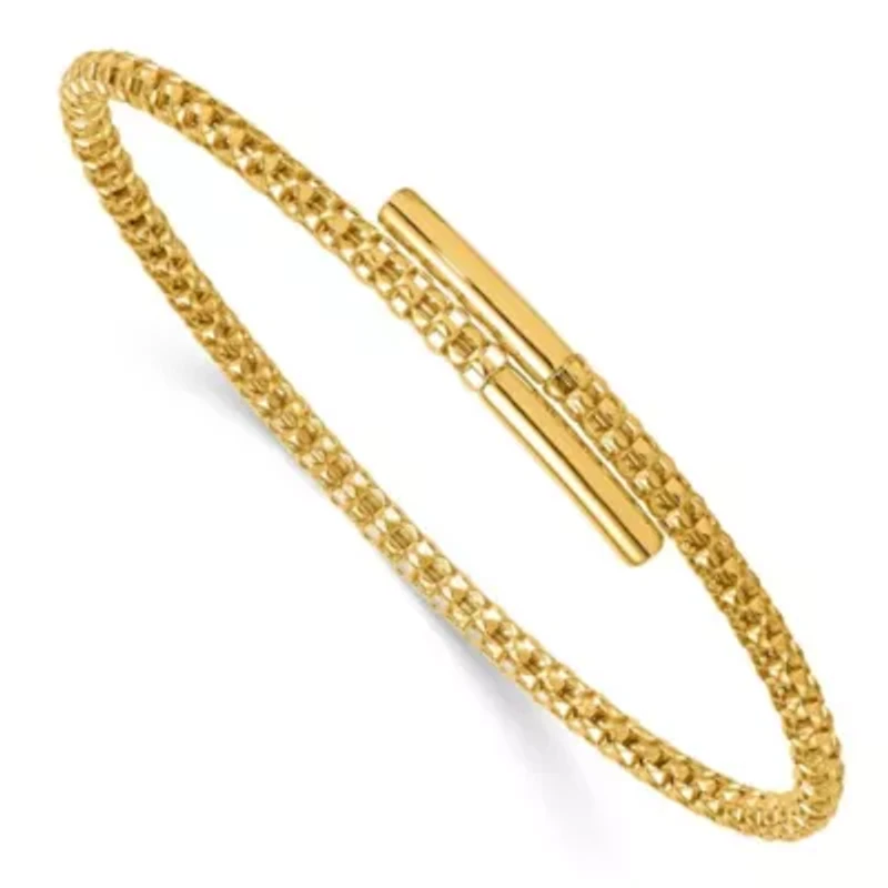 18K Yellow Gold Polished Popcorn Mesh with Bar Flexible Bangle Bracelet