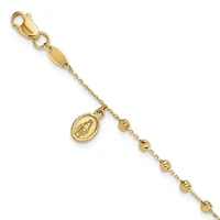 14K Yellow Gold Polished and Diamond-cut Miraculous Medal and Cross Rosary Design Bracelet