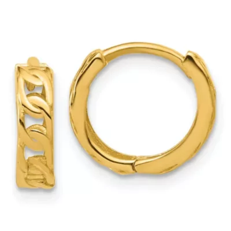14K Yellow Gold Polished Link Pattern Huggie Hoop Earrings