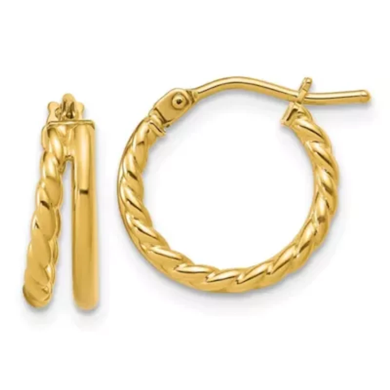 14K Yellow Gold Polished and Twisted 2-row J-Hoop Earrings