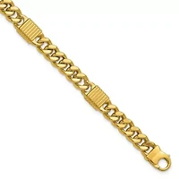 14K Yellow Gold Polished and Grooved Fancy Curb Link Station Men's Bracelet