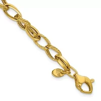 14K Yellow Gold Polished and Textured Fancy Oval Link Bracelet