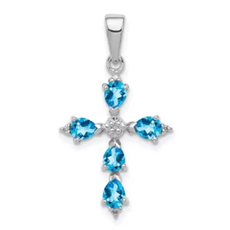 7/8 ct. t.w. Pear Swiss Blue Topaz and 0.02 ct. t.w. Diamond Cross Pendant in Rhodium-plated Sterling Silver
