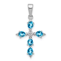 7/8 ct. t.w. Pear Swiss Blue Topaz and 0.02 ct. t.w. Diamond Cross Pendant in Rhodium-plated Sterling Silver