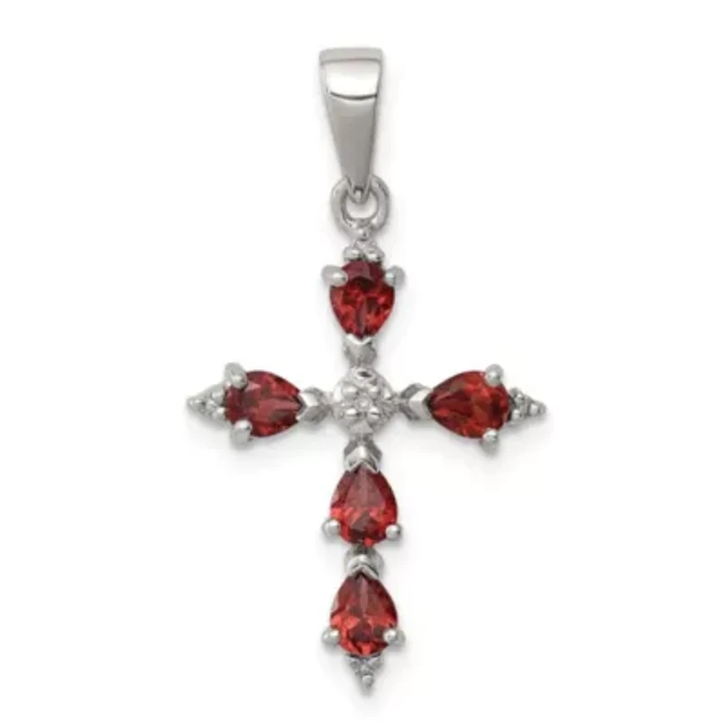 Gemstone and Diamond Cross Pendant in Rhodium-plated Sterling Silver