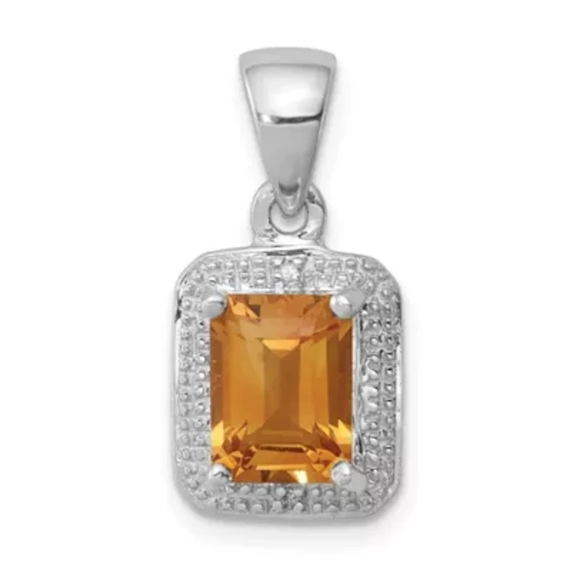 1.6 ct. t.w. Emerald-cut Citrine and 0.01 ct. t.w. Diamond Pendant in Rhodium-plated Sterling Silver