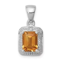1.6 ct. t.w. Emerald-cut Citrine and 0.01 ct. t.w. Diamond Pendant in Rhodium-plated Sterling Silver