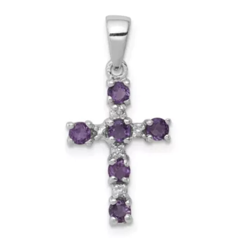 3/8 ct. t.w. Amethyst and Diamond 0.004 ct. t.w. Accent Cross Pendant in Rhodium-plated Sterling Silver
