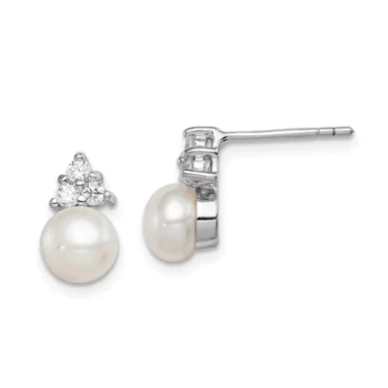 Sterling Silver Rhodium-plated 6-7mm White Freshwater Cultured Pearl Cubic Zirconia Post Earrings