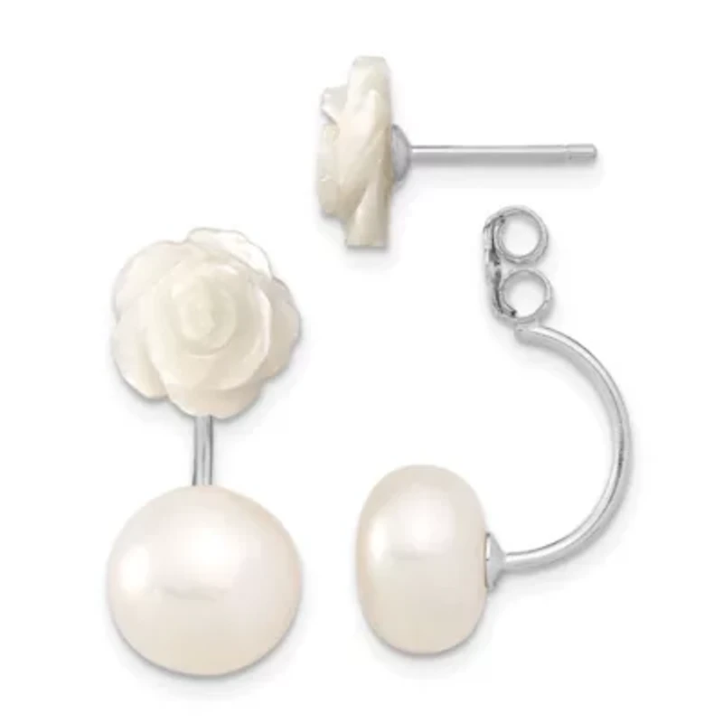 Sterling Silver Rhodium-plated 8-9mm Freshwater Cultured Pearl/MOP Flower Front/Back Earrings