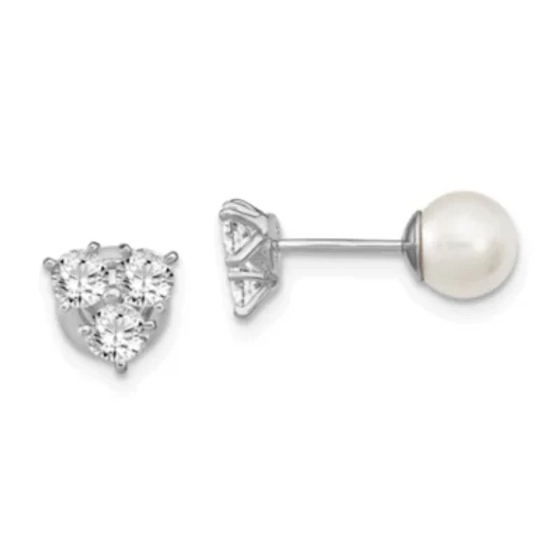 Sterling Silver Rhodium-plated Cubic Zirconia/Imitation Shell Pearl Front/Back Earrings