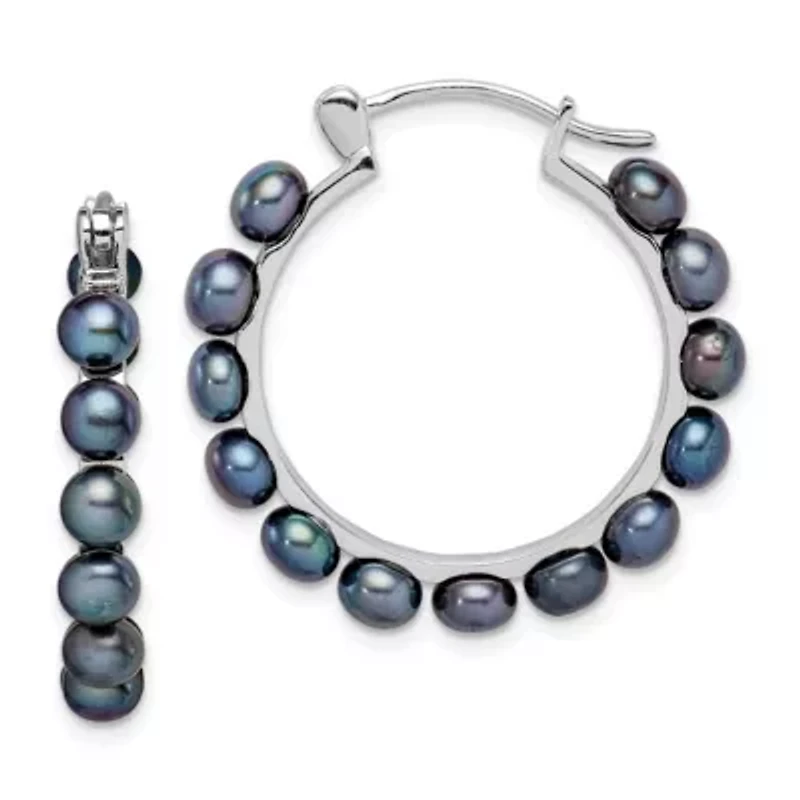 Sterling Silver Rhodium-plated 4-5mm Freshwater Cultured Pearl Hoop Earrings