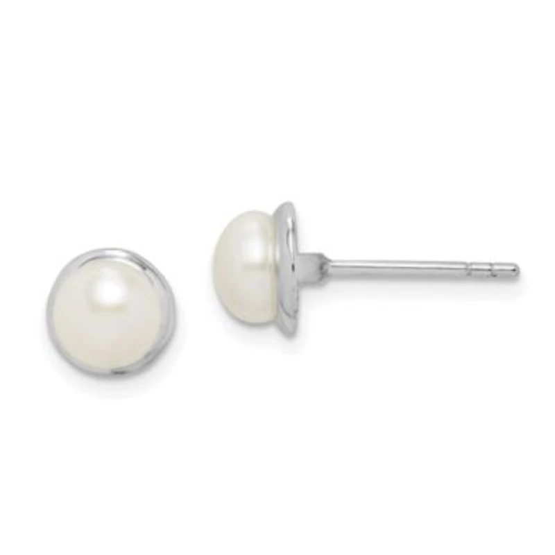 Sterling Silver Rhodium-plated 6-7mm White Button Freshwater Cultured Pearl Earrings