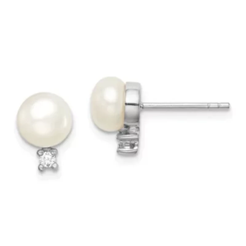 Sterling Silver Rhodium-plated 6-7mm White Button Freshwater Cultured Pearl Cubic Zirconia Earrings